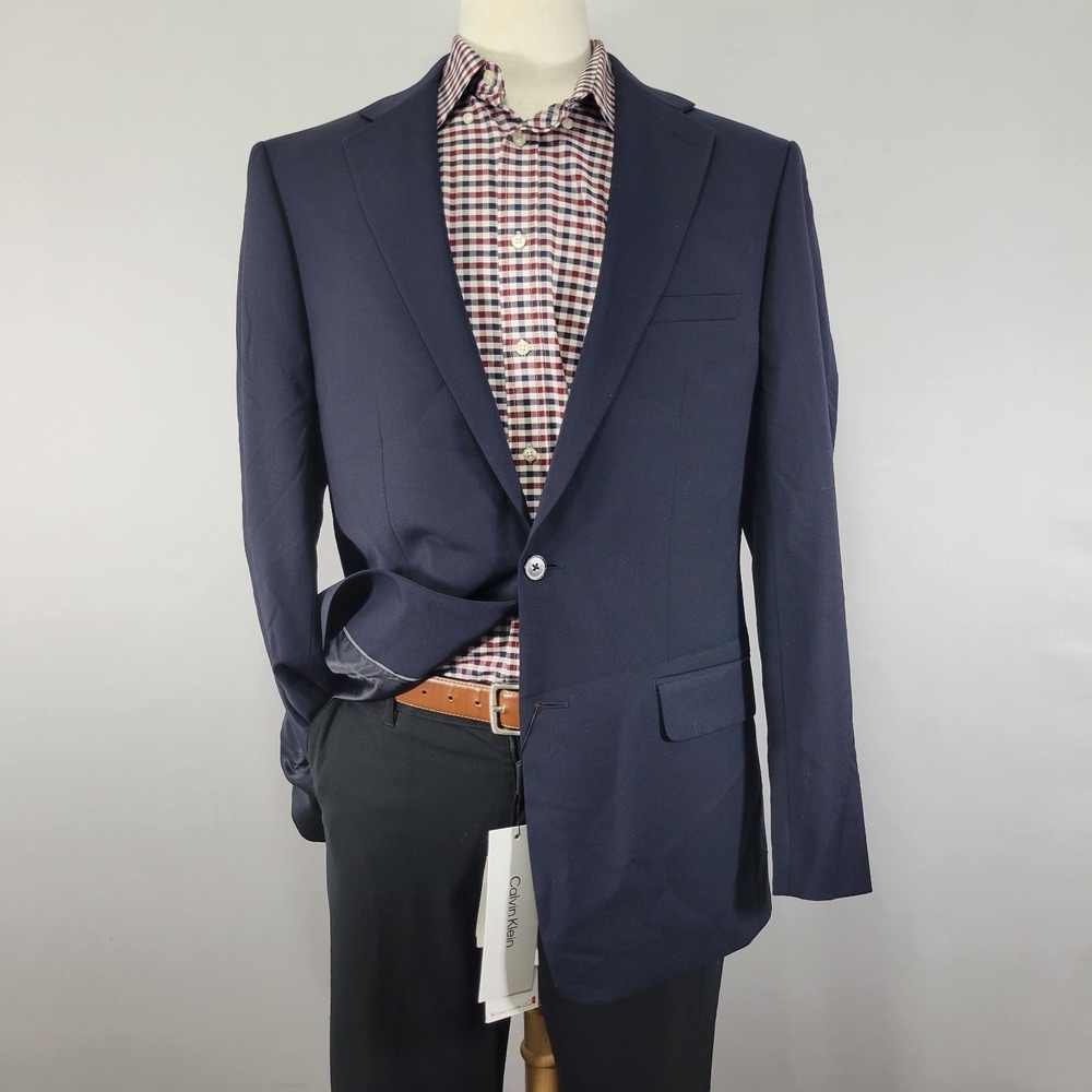 Calvin Klein Men's Sport Coat Blazer Two Button‎ Navy Wool Blend XSLIM 44L NWOT
